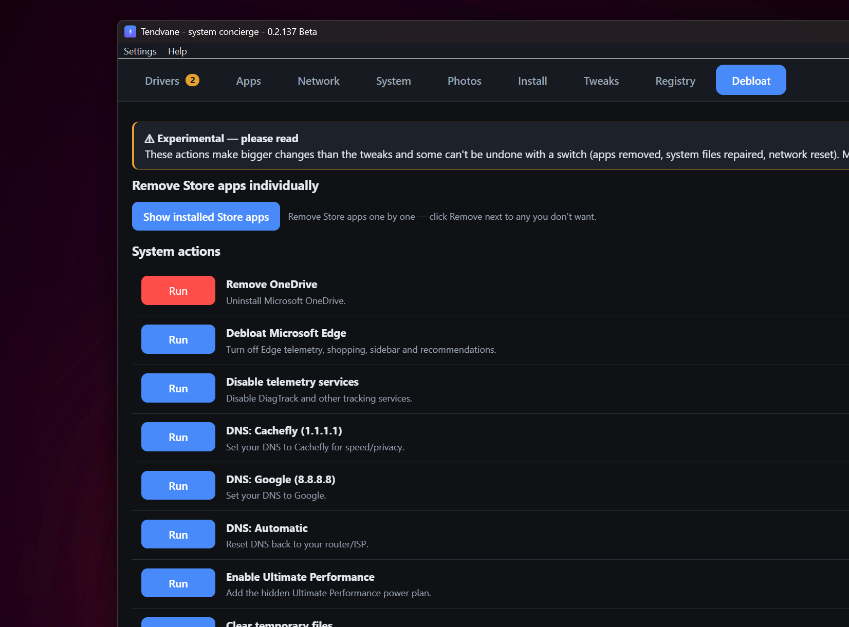 Tendvane running on Windows — one window with Drivers, Apps, Network, System, Photos, Install, Tweaks, Registry and Debloat.