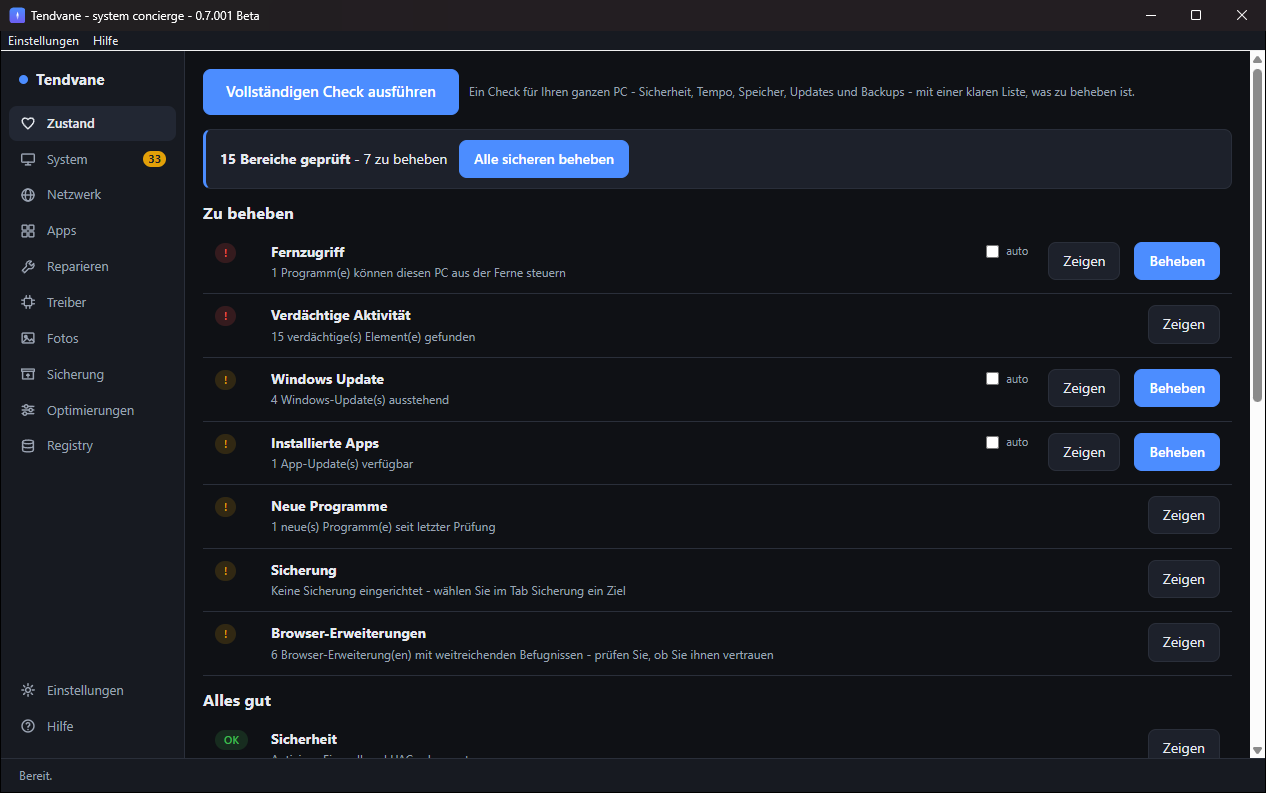 Tendvane running on Windows - one window with Health, System, Network, Apps, Repair, Drivers, Photos, Backup and Tweaks.